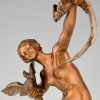 Art Deco bronzen sculptuur dansend naakt met papegaaien