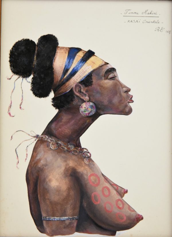 Art Deco gouache Afrikaanse vrouw met Mangbetu haarstijl