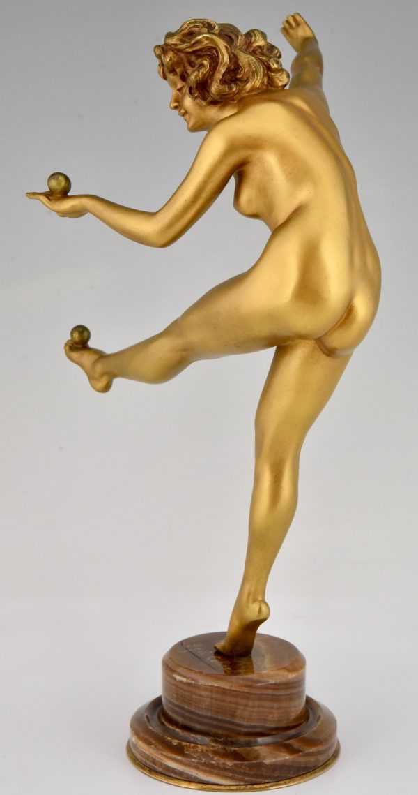 Art Deco bronze sculpture nude dancer juggling with 3 balls