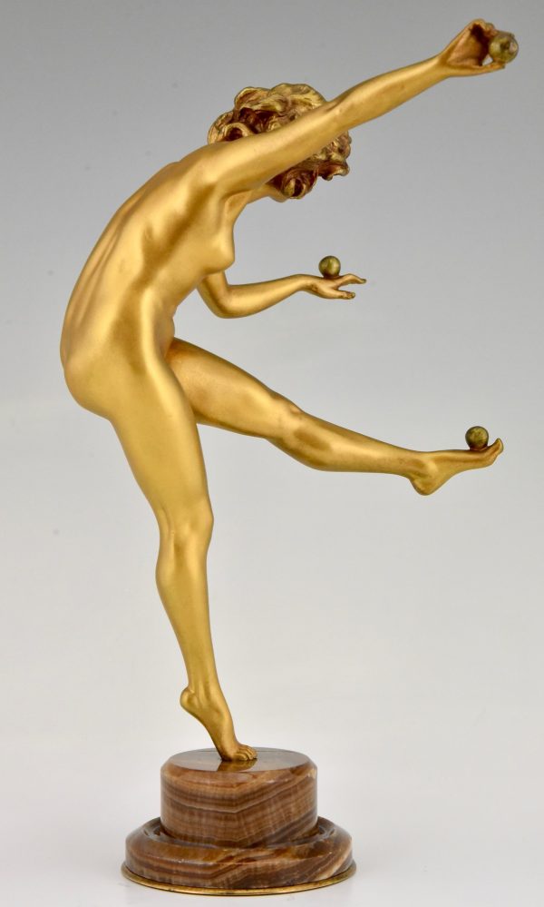 Art Deco bronze sculpture nude dancer juggling with 3 balls