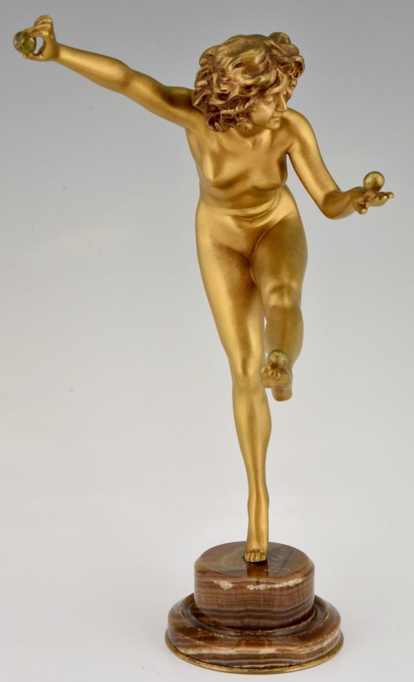 Art Deco bronze sculpture nude dancer juggling with 3 balls