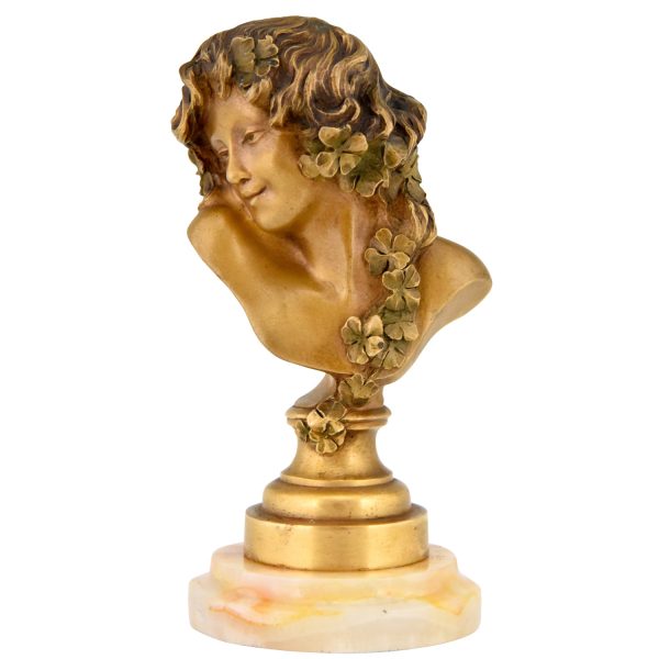 Art Nouveau bronze bust woman with flowers