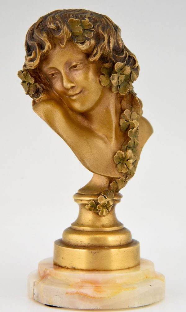 Art Nouveau bronze bust woman with flowers