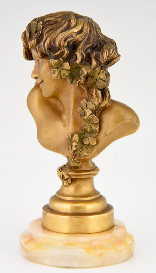 Art Nouveau bronze bust woman with flowers