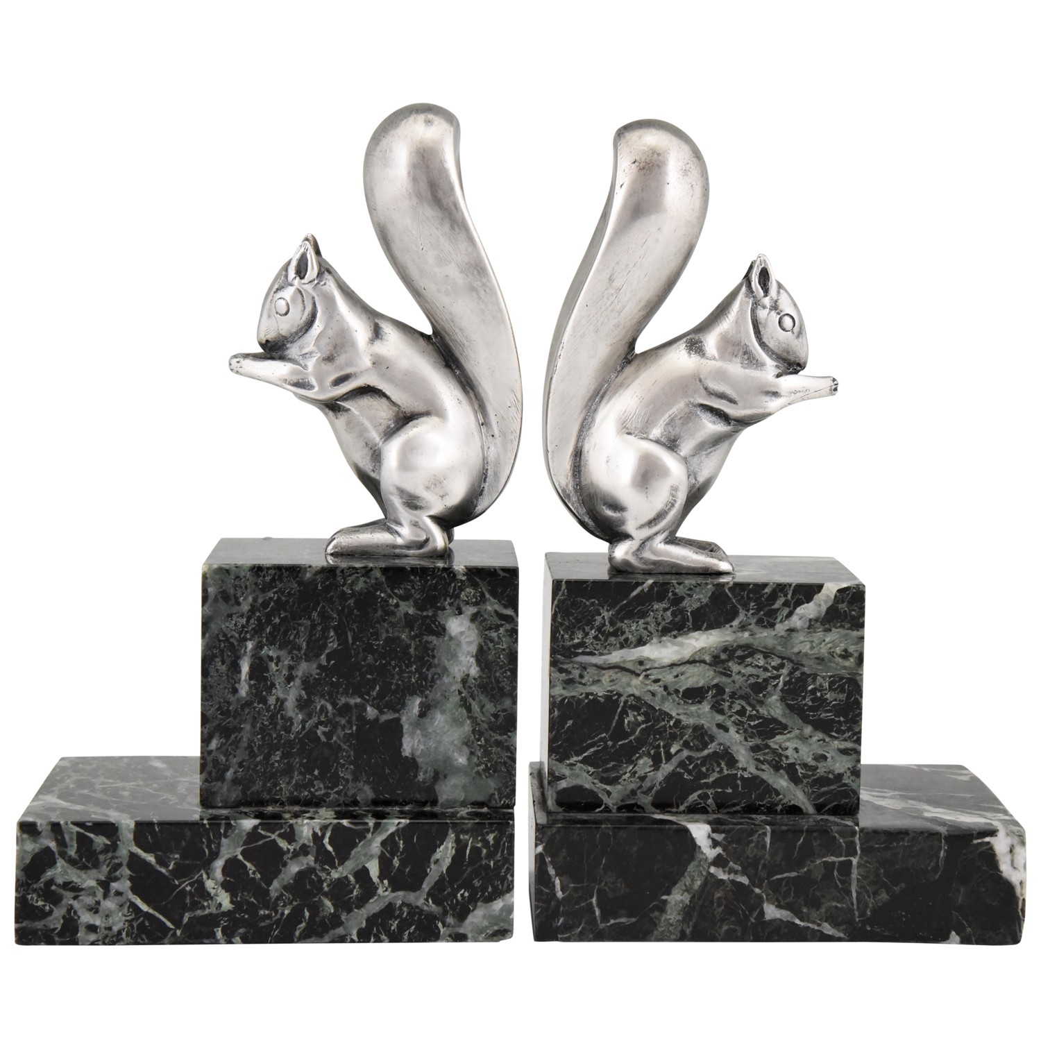 Art Deco serre livres en bronze argenté écureuil