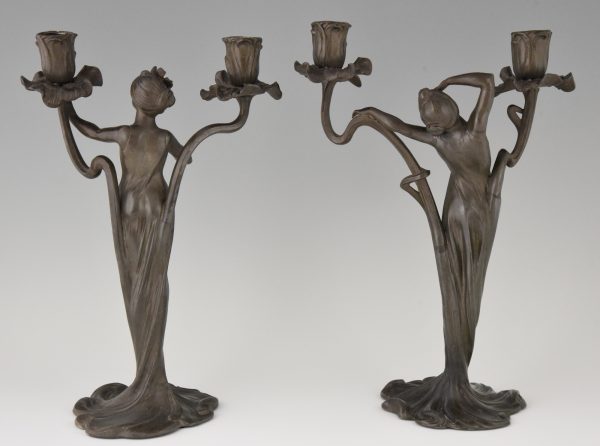 Art Nouveau candelabra with ladies and flowers