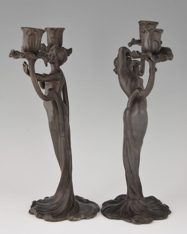 Art Nouveau candelabra with ladies and flowers