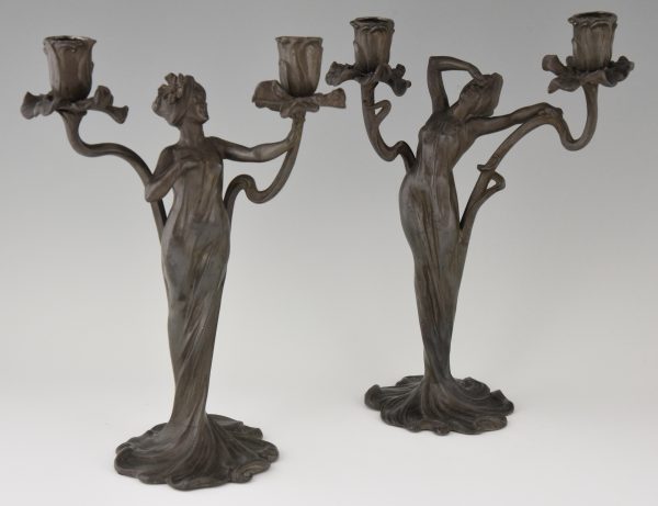 Art Nouveau candelabra with ladies and flowers