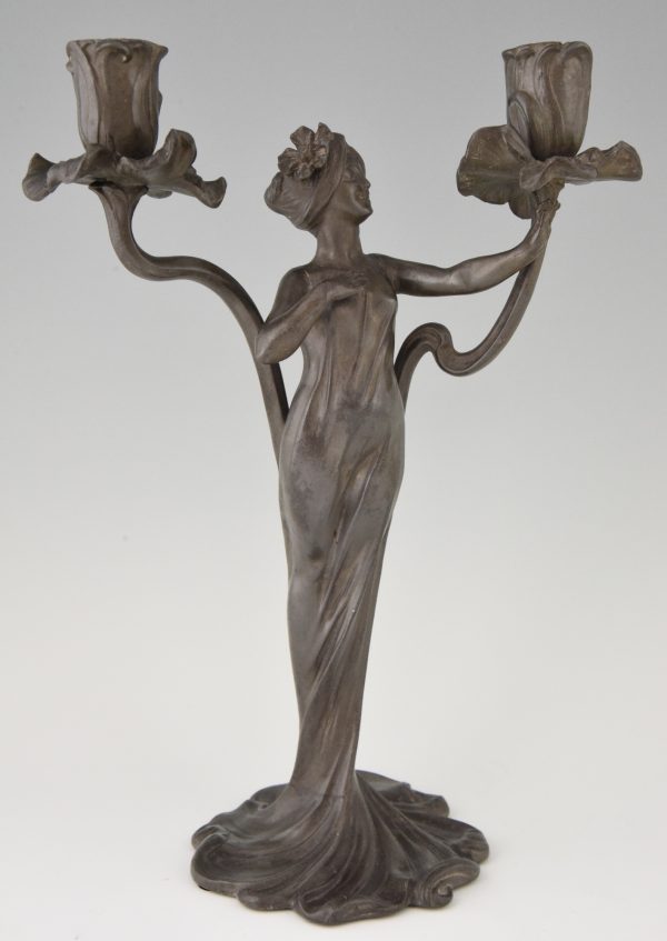 Art Nouveau candelabra with ladies and flowers