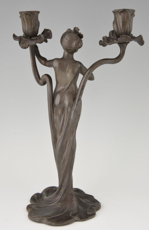 Art Nouveau candelabra with ladies and flowers