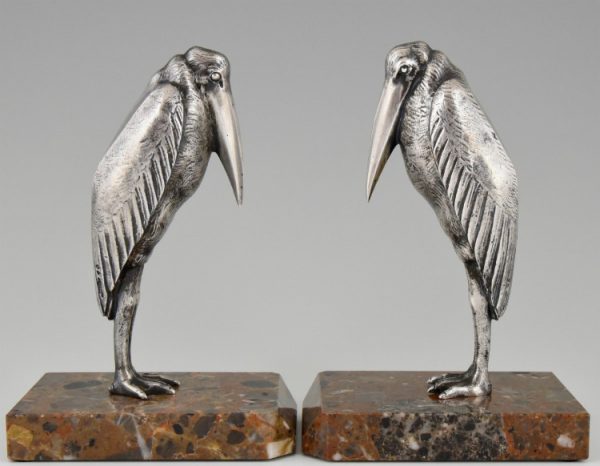 Art Deco silvered bronze marabou bookends