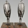 Art Deco silvered bronze marabou bookends