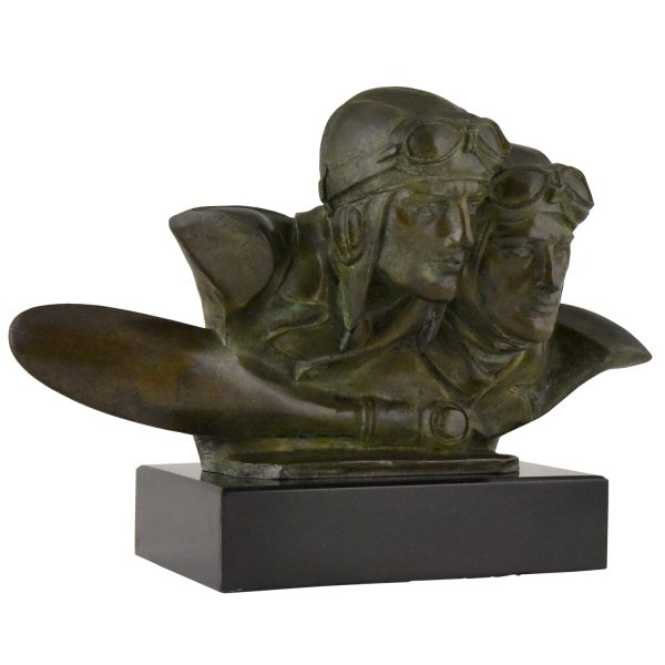 Art Deco bronze sculpture bust of two pilots aviators Costes and Bellonte