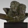 Art Deco bronze sculpture bust of two pilots aviators Costes and Bellonte