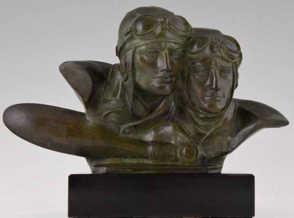 Art Deco bronze sculpture bust of two pilots aviators Costes and Bellonte