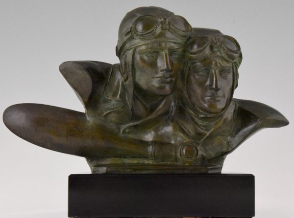 Art Deco bronze beeld buste van twee piloten vliegeniers Costes en Bellonte