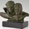 Art Deco bronze sculpture bust of two pilots aviators Costes and Bellonte