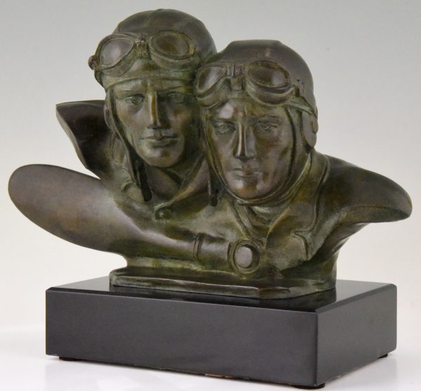 Art Deco bronze sculpture bust of two pilots aviators Costes and Bellonte
