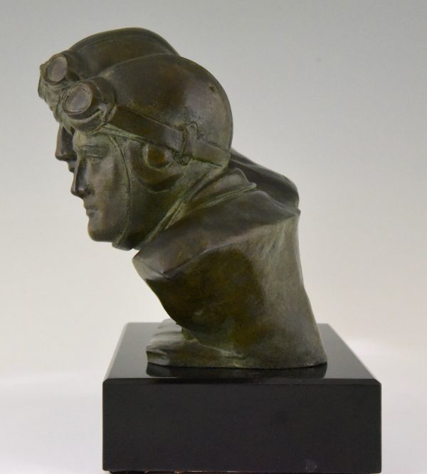 Art Deco bronze sculpture bust of two pilots aviators Costes and Bellonte