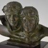 Sculpture en bronze Art Deco deux aviateurs pilots Costes et Bellonte