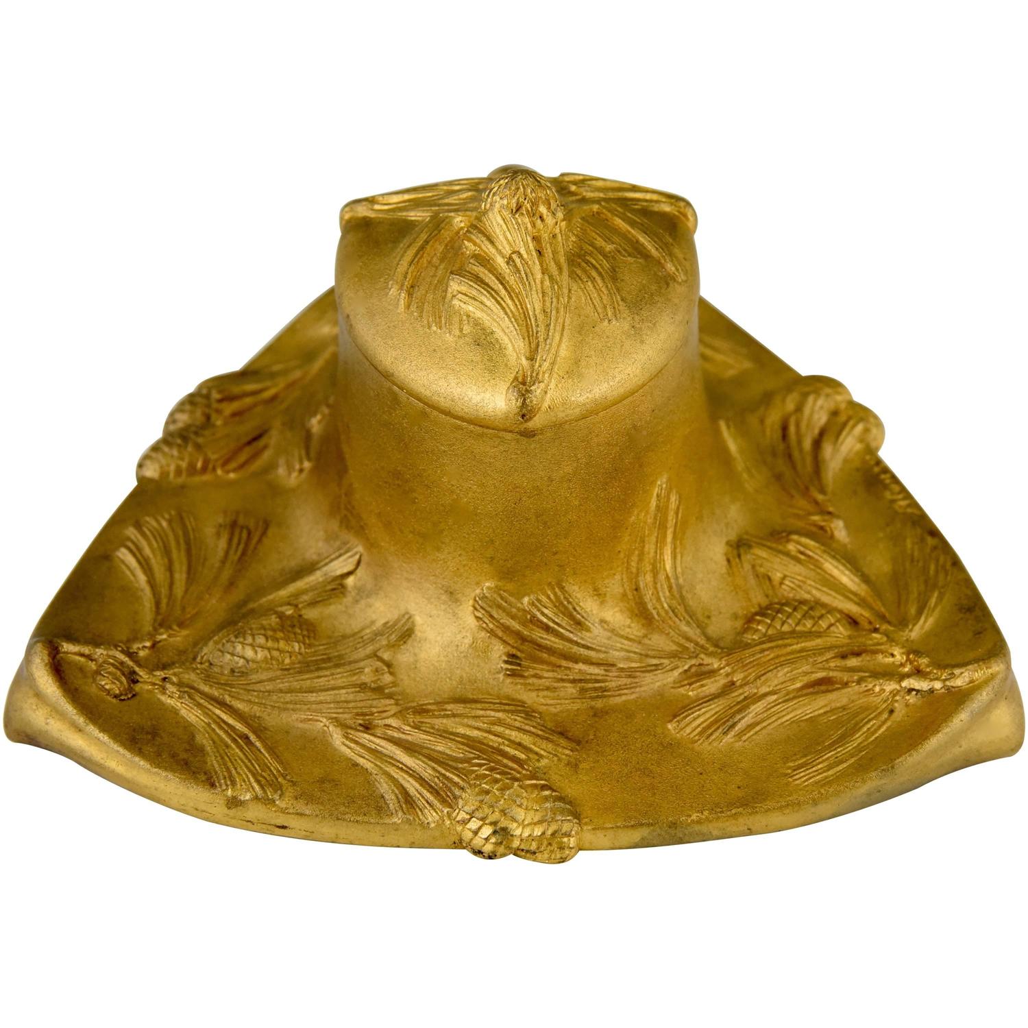 Art Nouveau gilt bronze inkwell with pine cones.