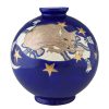 Large blue boule vase with cat, moon and stars