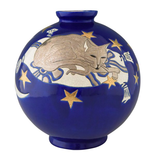 Grosse Kugel Vase mit Katze, Mond und Sterne