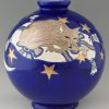 Large blue boule vase with cat, moon and stars