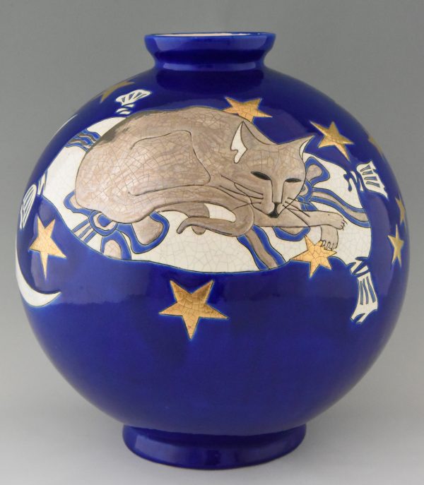 Large blue boule vase with cat, moon and stars