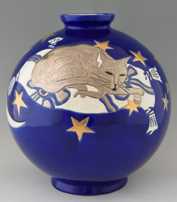 Grand Vase Boule avec un chat, la lune et des étoiles