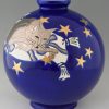 Large blue boule vase with cat, moon and stars