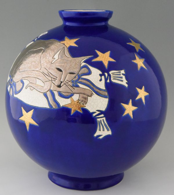 Large blue boule vase with cat, moon and stars