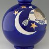 Large blue boule vase with cat, moon and stars