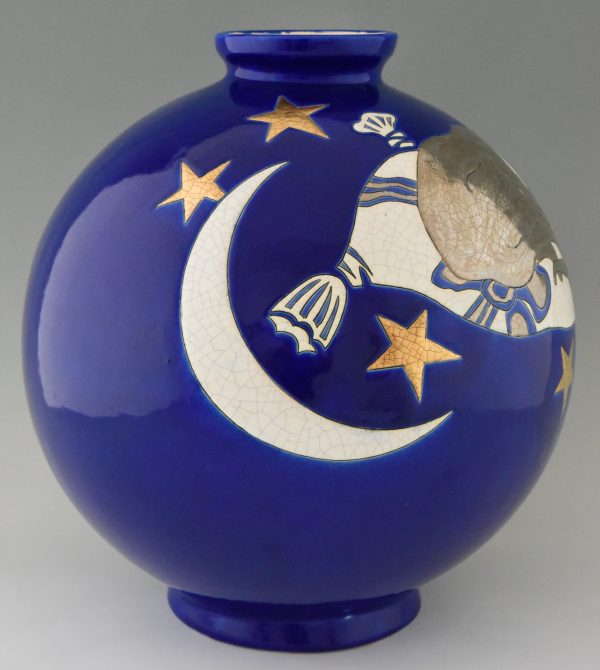 Large blue boule vase with cat, moon and stars
