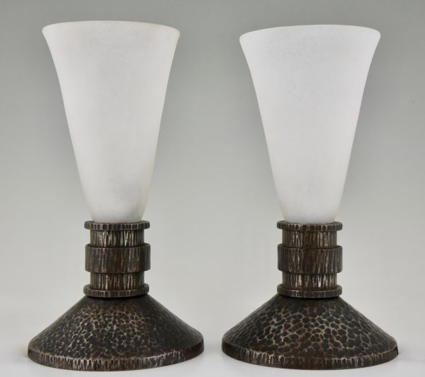 A pair of Art Deco wrought iron & glass table lamps