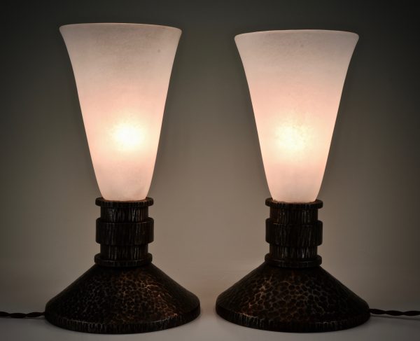 A pair of Art Deco wrought iron & glass table lamps