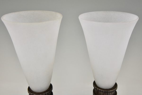 A pair of Art Deco wrought iron & glass table lamps