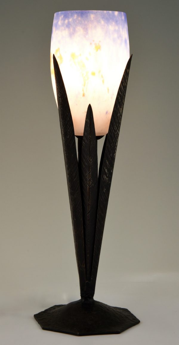 Art Deco table lamp pâte de verre glass on wrought iron base.