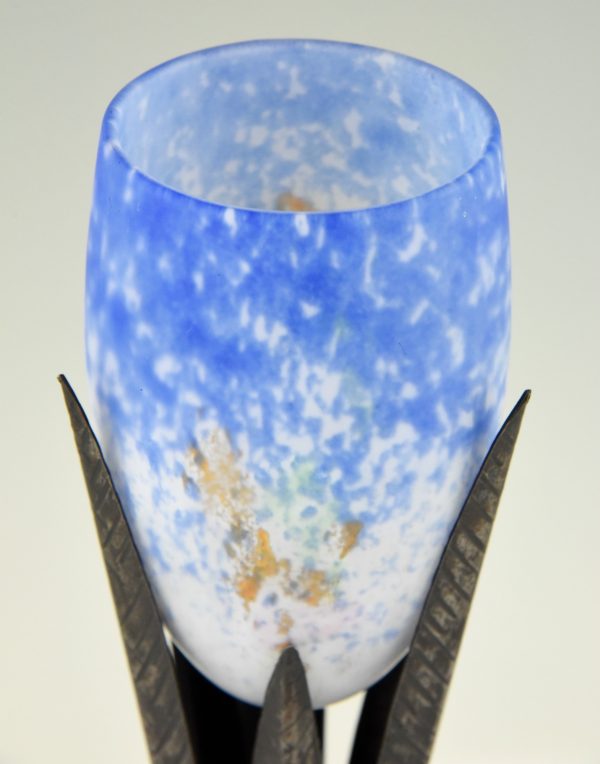 Art Deco table lamp pâte de verre glass on wrought iron base.