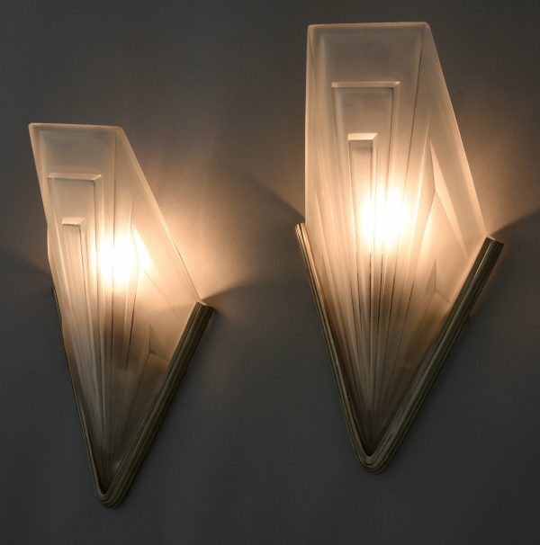 Art Deco glass and bronze wall lights or scones