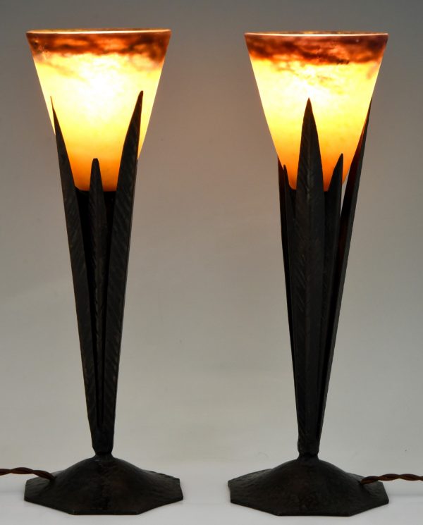 Pair of Art Deco pate de verre and wrought iron table lamps