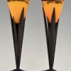 Pair of Art Deco pate de verre and wrought iron table lamps