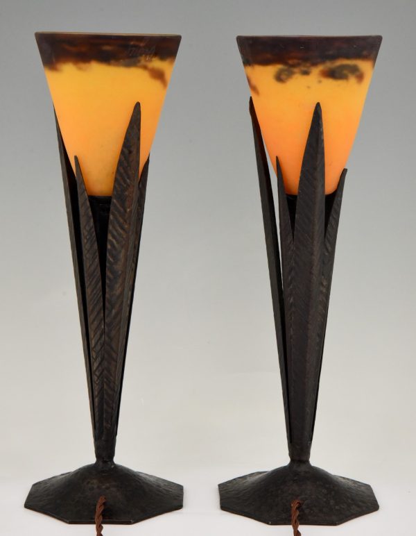 Pair of Art Deco pate de verre and wrought iron table lamps