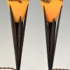 Pair of Art Deco pate de verre and wrought iron table lamps