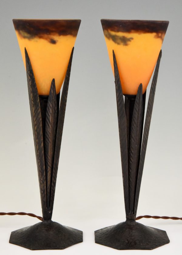 Pair of Art Deco pate de verre and wrought iron table lamps