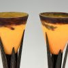 Pair of Art Deco pate de verre and wrought iron table lamps