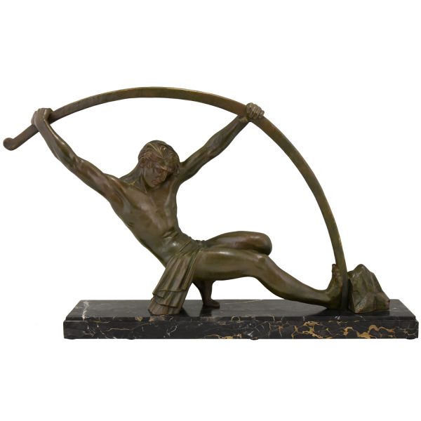 Art Deco bronzen sculptuur man die staaf buigt l’age du bronze