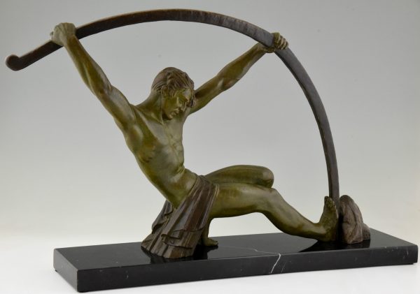 Art Deco sculpture athletic man bending a bar