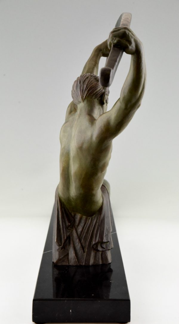 Art Deco sculpture athletic man bending a bar