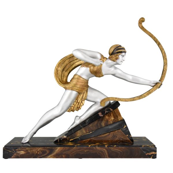 Diana with bow Art Deco sculpture woman aiming on a marble base